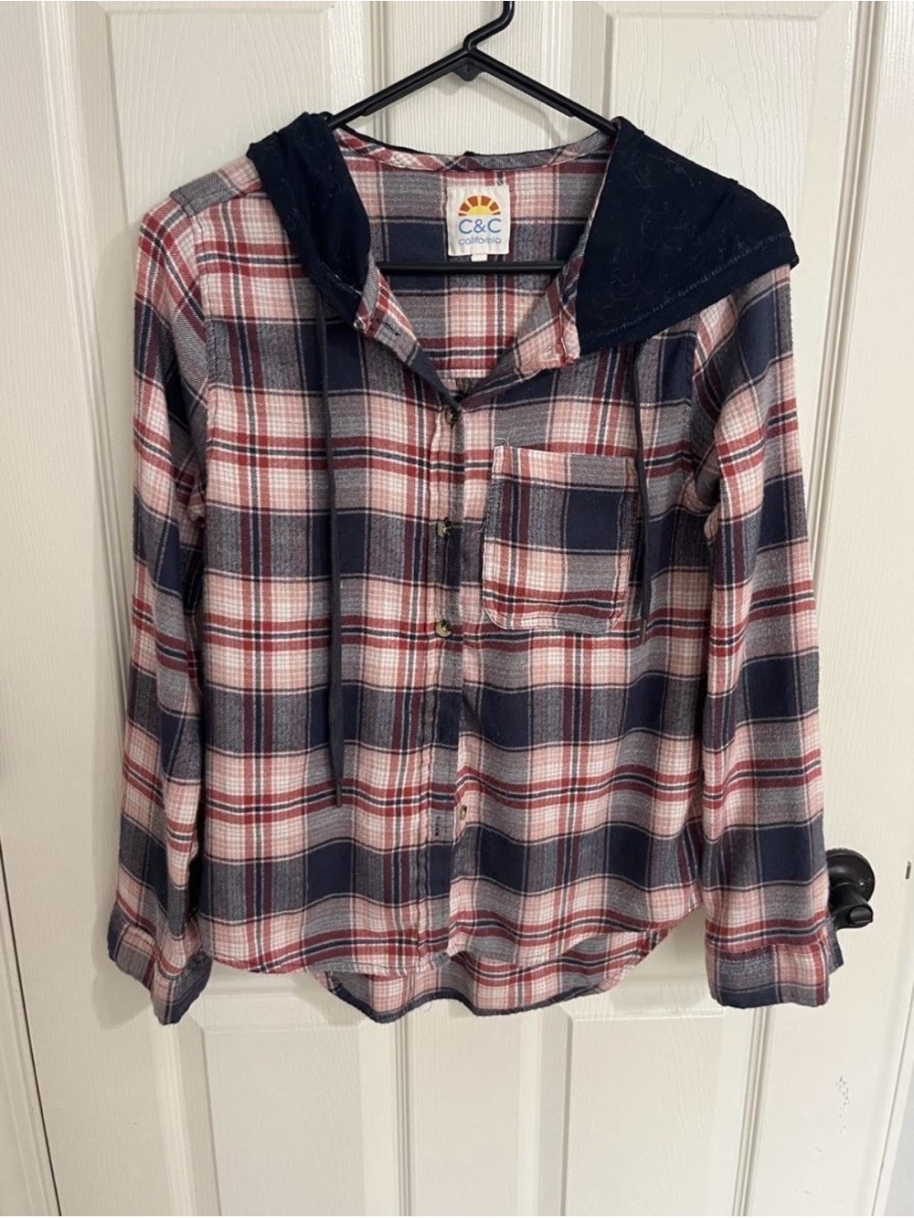 C&C California Red, Navy & White Plaid Hooded Button-Down Shirt